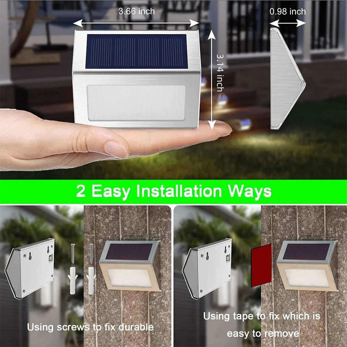 KEBINCPLED Stainless Steel Solar Wall Lamp 3Leds Warm White Outdoor Swimming Pool Solar Wall Light Waterproof Street Garage Lamp