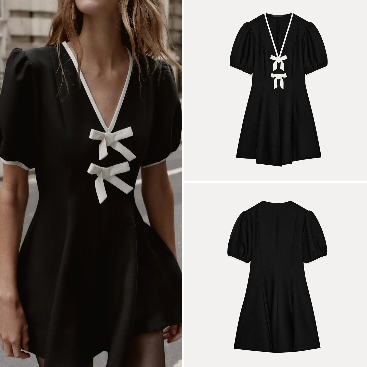 ファッショナブルなミニドレス Z レディース服 2025 新スタイル カラーブロック バタフライノットデザイン 半袖 Vネック デイリーウェア