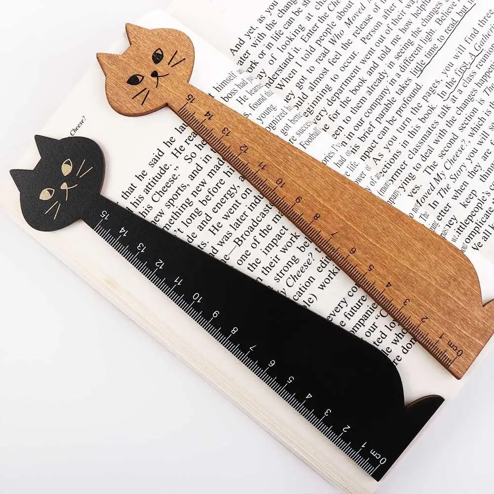 Portable 15cm/5.9inch Household Cartoon Cat Wooden Cute Straight Ruler Student Tools Sewing Ruler Drawing Ruler