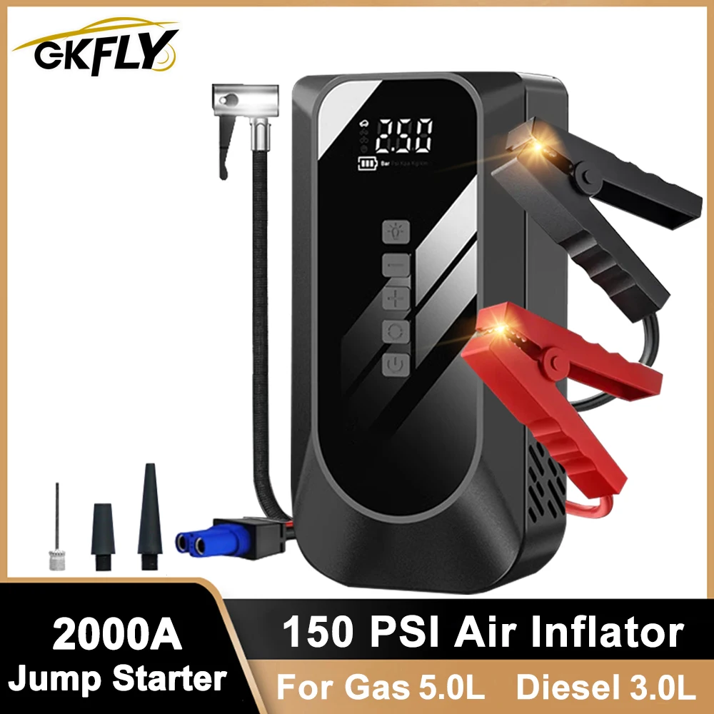 GKFLY 2000A Car Jump Starter with Air Compressor 150PSI Tire Inflation Portable Power Bank Car Battery Booster for Petrol Diesel