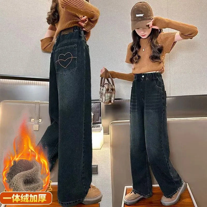 Fashion Kids Teenager Insulated Winter Jeans for Girl Warm Fleece Heart Pocket Denim Pants Children Street Warm Trousers 4-14Y