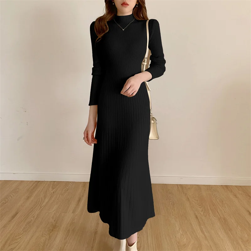 Autumn Winter 2024 Slim Long Sleeve Party Midi Dress for Women Knitted Half High Collar Elegant Knitted Sweater Dresses Ladies