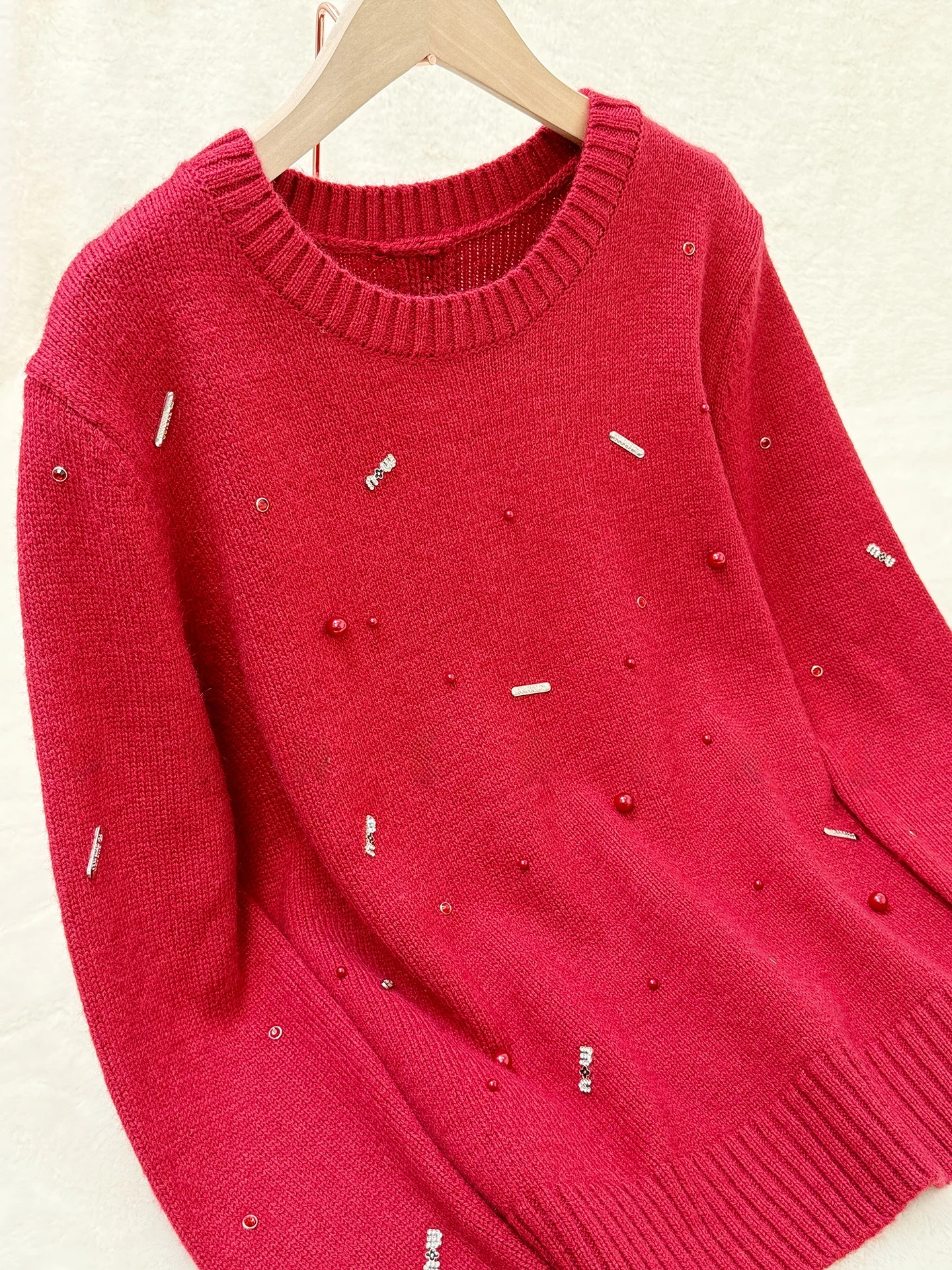 

Red Knitted Sweater P Therine Autumn Winter Irregular Bead Embelliment Loose Fit Long Sve round Ne Warm Casual Women's...