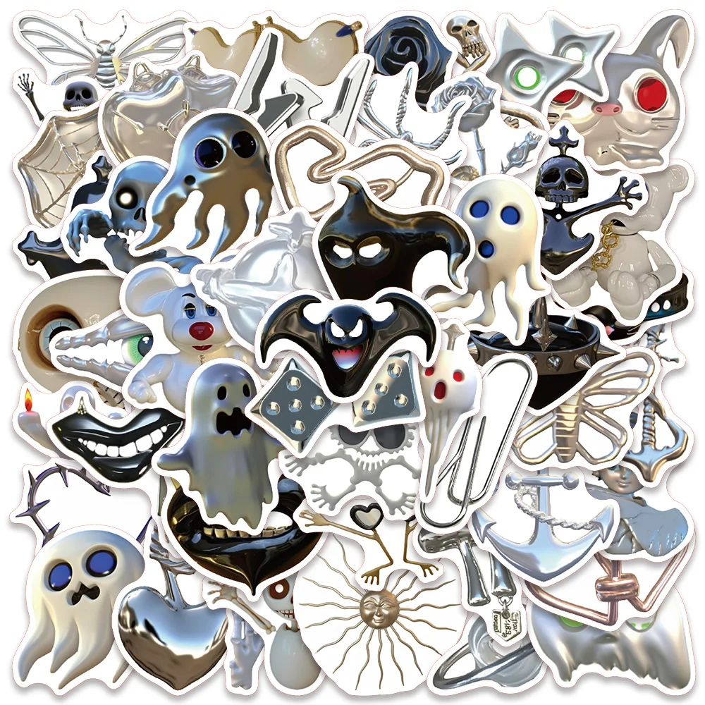 

50PCS 3D Horror Ghost Skeleton Silver Cartoon Cute Sticker Bike Refrigerator Bottle Graffiti Waterproof Sticker Kid Toy Decal