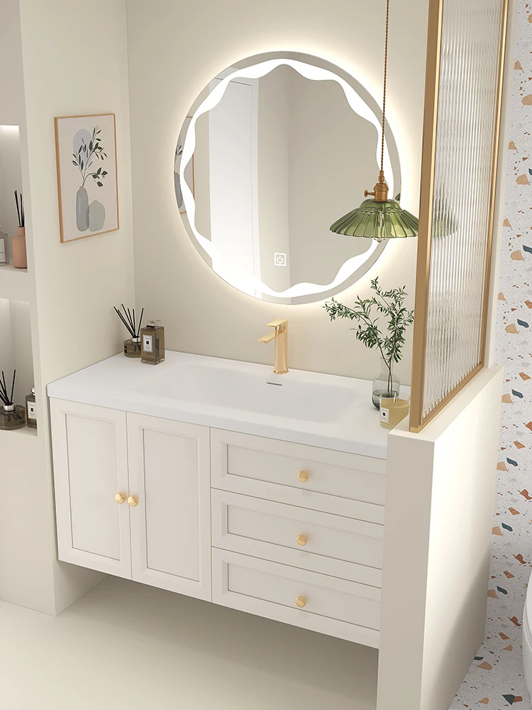 Integrated basin ceramic vanity Cream style bathroom cabinet combined with sink washbasin