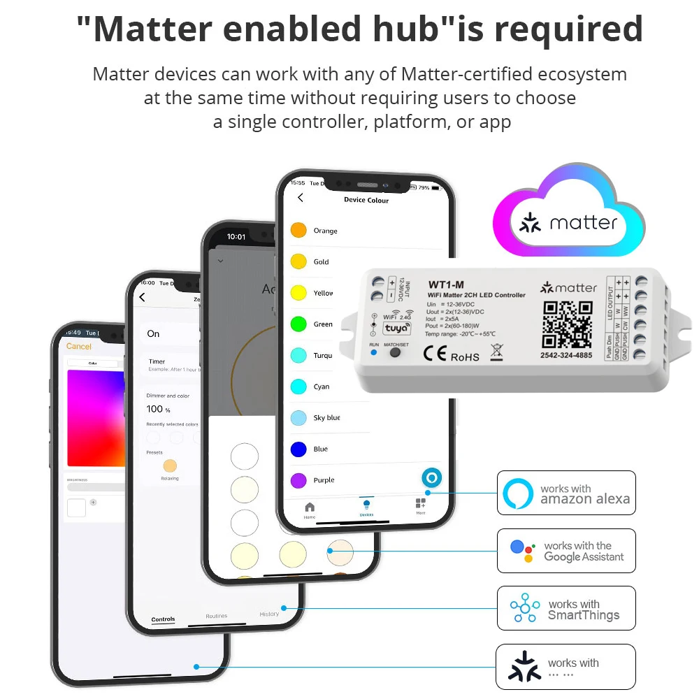 Imagem -05 - Wifi Led Controlador Dimmer 2in Matter 12v 24v 5050 Cob Cor Única Faixa Cct para Homekit Smartthings Alexa Assistente de Casa Tuya