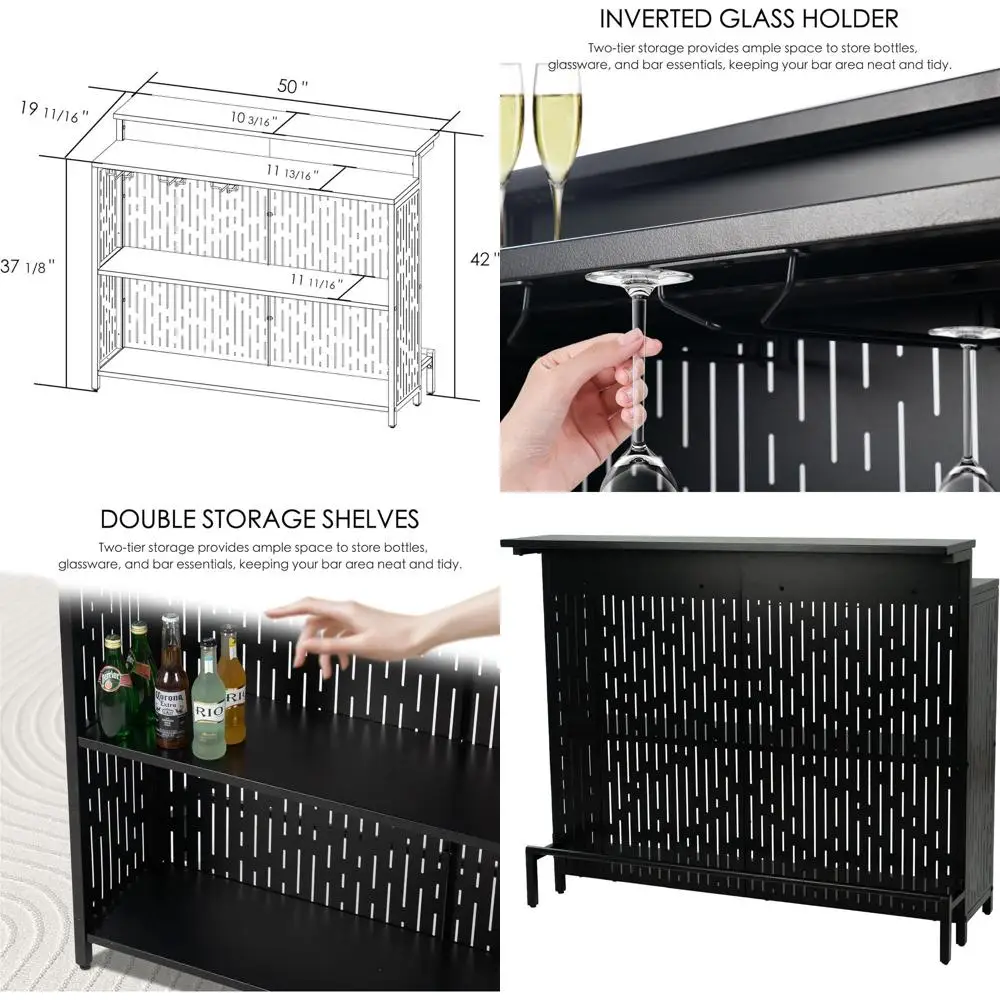 خزانة بار منزلية سوداء مدمجة مع أرفف - تخزين وتنظيم لوحدة تحكم أثاث المطبخ والبار