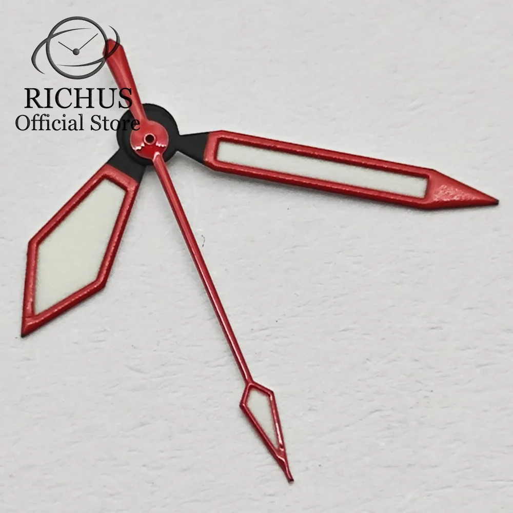 

Черно-красные стрелки для часов RICHUS с зеленым люминесцентным покрытием, подходят для механизмов NH35 NH36, аксессуары и запчасти для часов