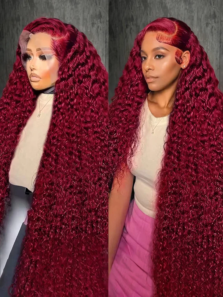 250 Density 13x4 Curly 99J Burgundy Colored Lace Front Wig 30 40 Inch Deep Wave 13x6 HD Lace Frontal Human Hair Wigs For Women