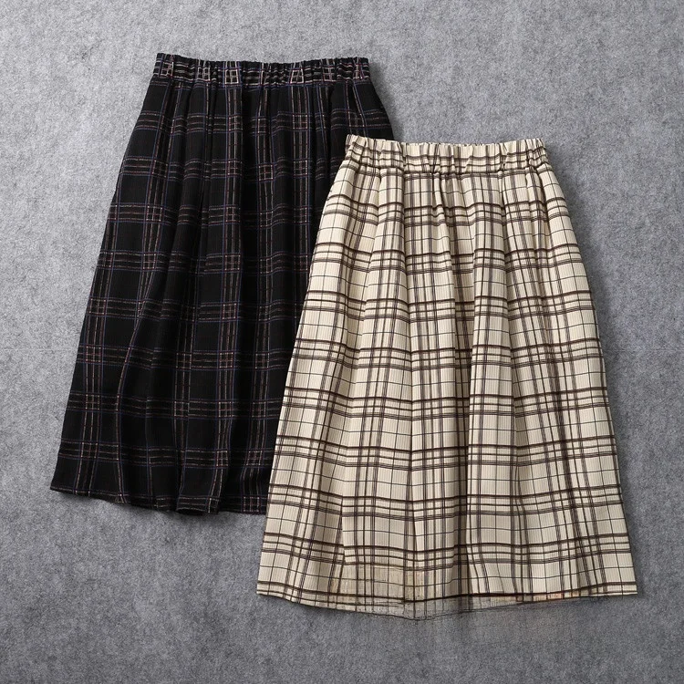 

Spring Summer Commute Versatile Elastic Waist Plaid Skirt Japanese Sle A-Line Pleated Skirt Women's Faion