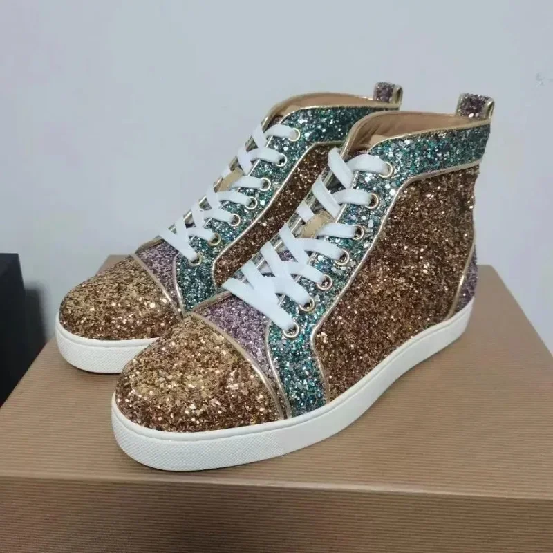 Fashion Luxury Red Bottom High Top Sequin Diamond Shoes For Men's Rhinestone Couple Models Casual Sneakers