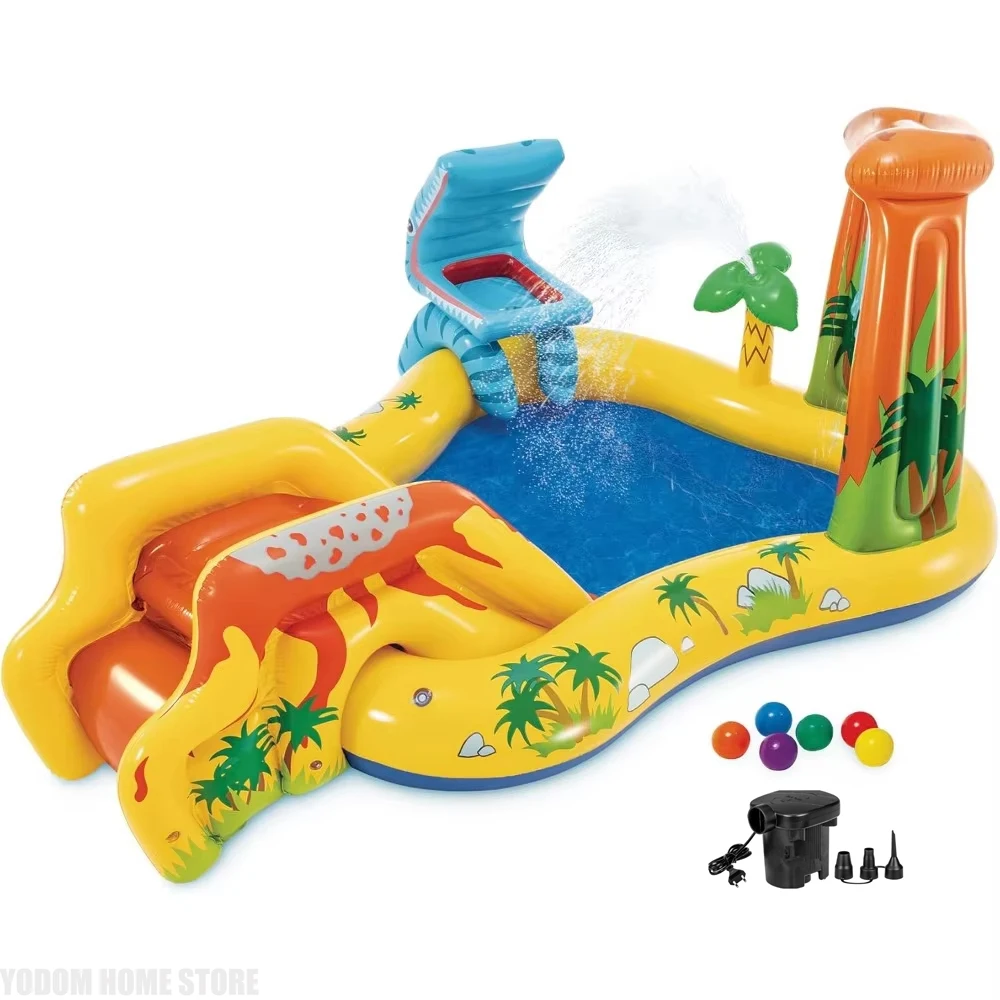 Новый надувной игровой центр с динозавром, большой размер, открытый игровой домик, надувной аквапарк, детская горка для бассейна, подарите воздушным насосом Новый надувной игровой центр с динозавром, большой размер, открытый игровой домик, надувной аквапарк, детская горка для бассейна, подарите воздушным насосом