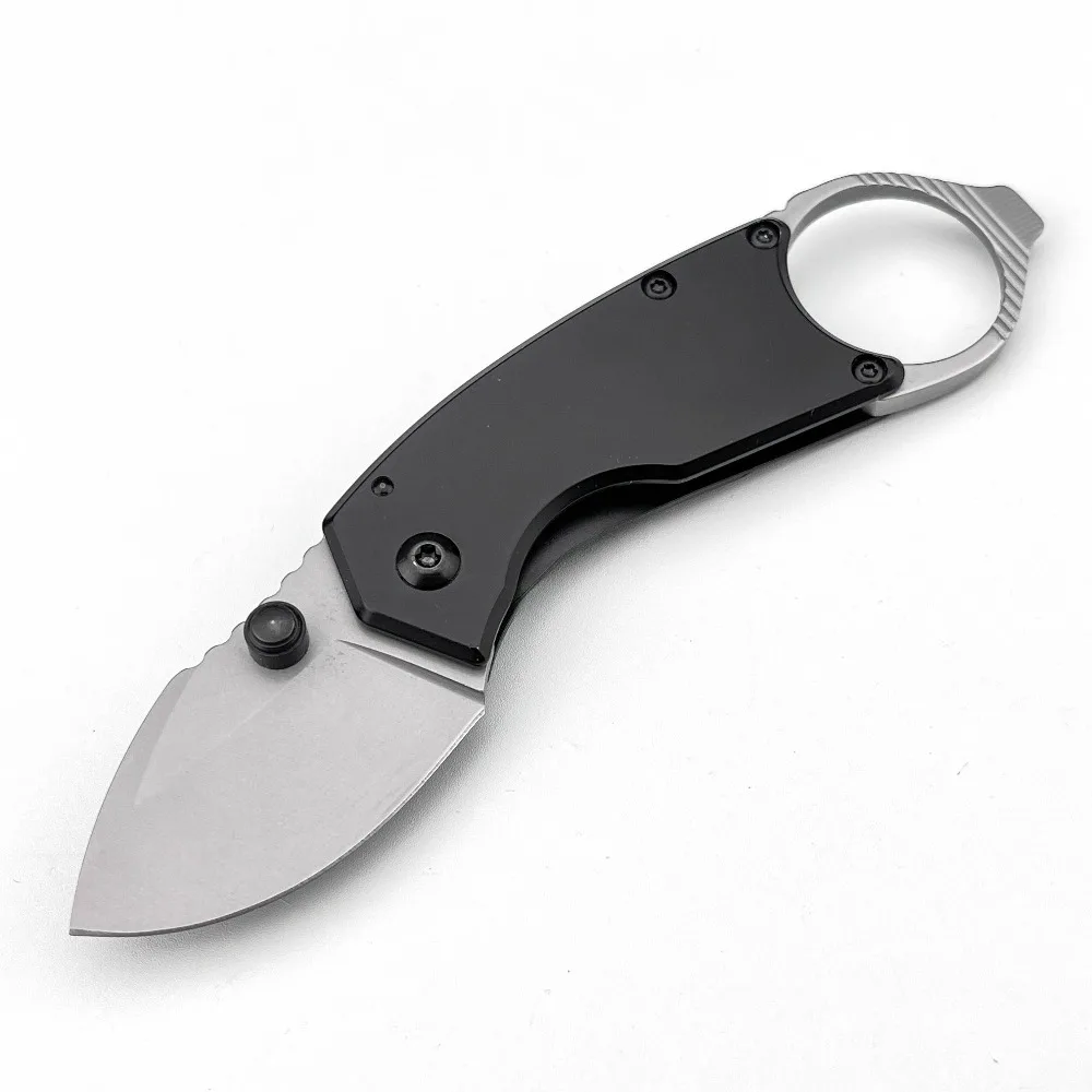 8710 Folding Camping Knife Black 440C Handle 8Cr13Mov Blade Ring Design Pocket EDC Utility Cutting Knife