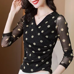 New Fashion Slim Stretch V Neck Tops Women Elastic Tees M-3XL Basic Long Sleeve T-shirt Ladies Dot Black T Shirt