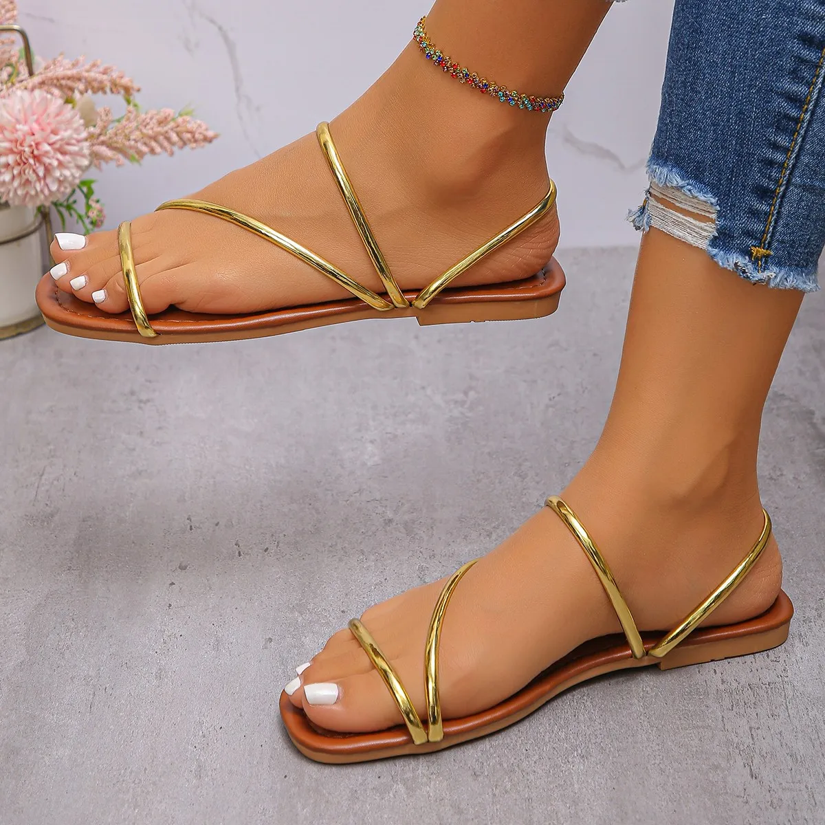 Summer New Ladies Roman Style Flat Sandals Open Toe Fashion Simple Beach Vacation Daily Wear Casual Comfortable Footwear