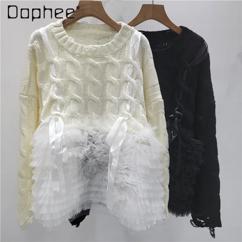 

Лоскутный сетчатый свитер, женский короткий топ, осень 2022, новая мода, универсальный свободный повседневный модный пуловер с круглым вырезом и длинными рукавами