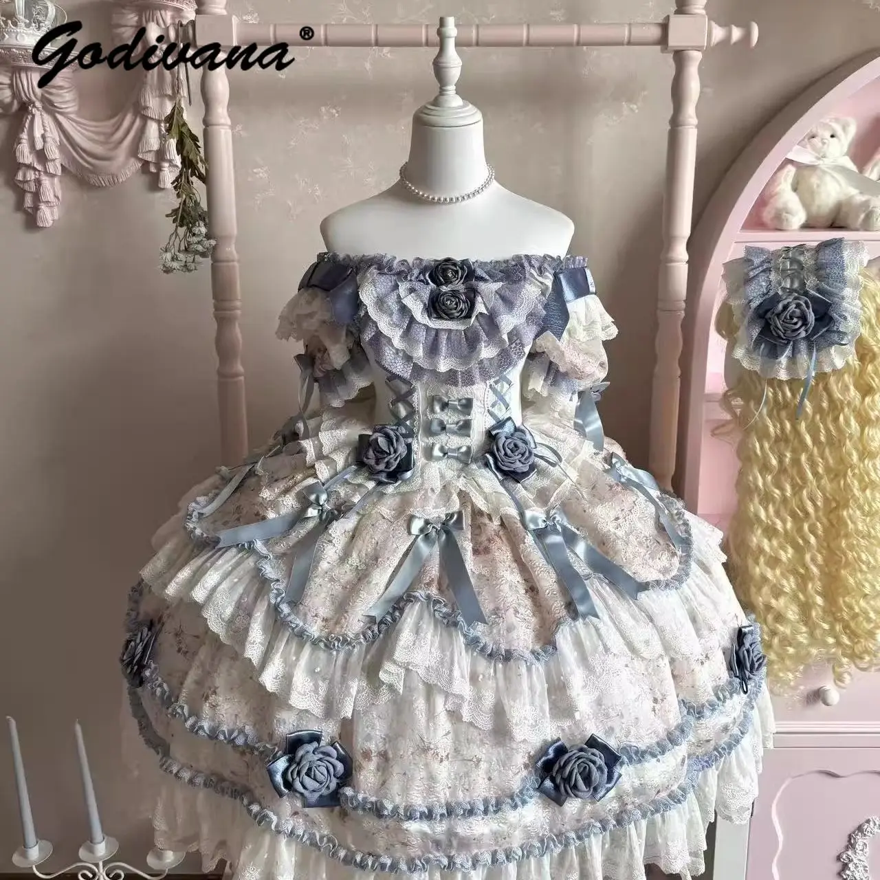 Original Rose Manor Rose Lace Flower Dress Girl Women's Sweet Off-the-shoulder Slim Lolita Puffy Dress Birthday Princess Dresses