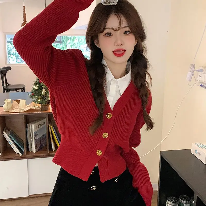 Autumn and Winter Woman's Clothes Red Sweater Korean Vintage Retro V-neck Puff Sleeve Waist Niche Fashion Trend All-match Lively