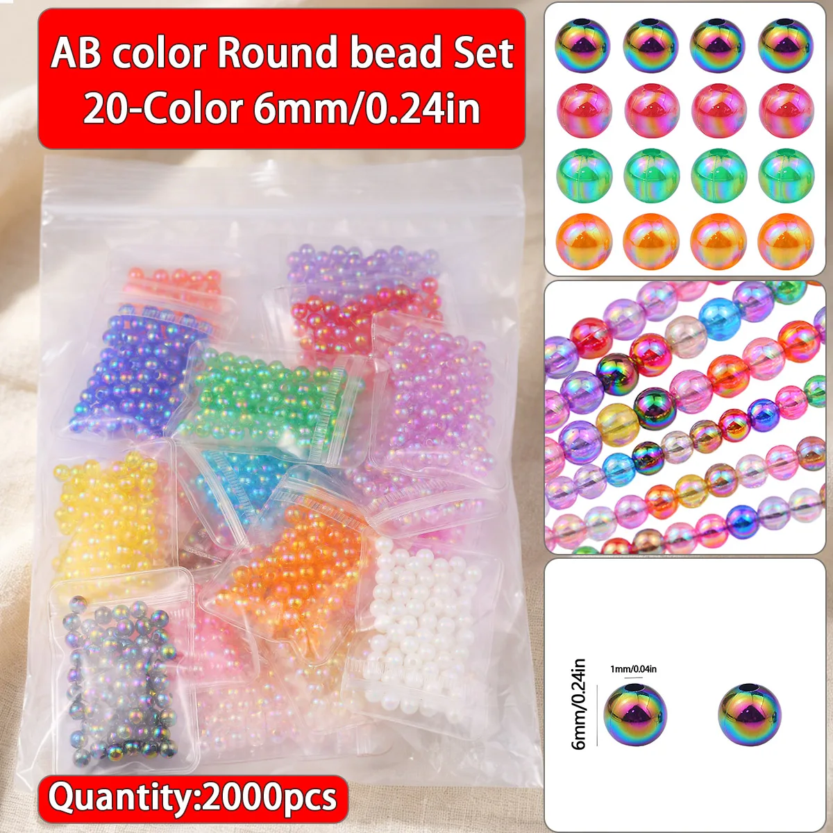 20 Colors 6mm 2000Pcs Set Ab Color Round Acrylic Loose Beads for Jewelry Making Bracelet Necklace Keychain DIY Accessories