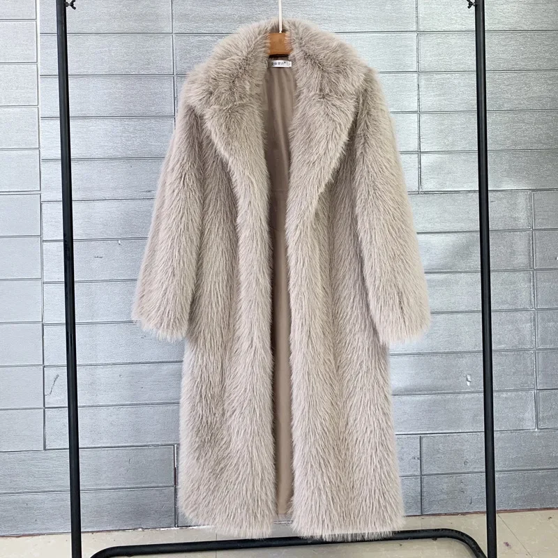 Weiß lange Kunst pelz Mantel Frauen Herbst Winter große Jacke Mantel umdrehen Kragen Taschen dicken Mantel warme Jacken Maxi Mäntel