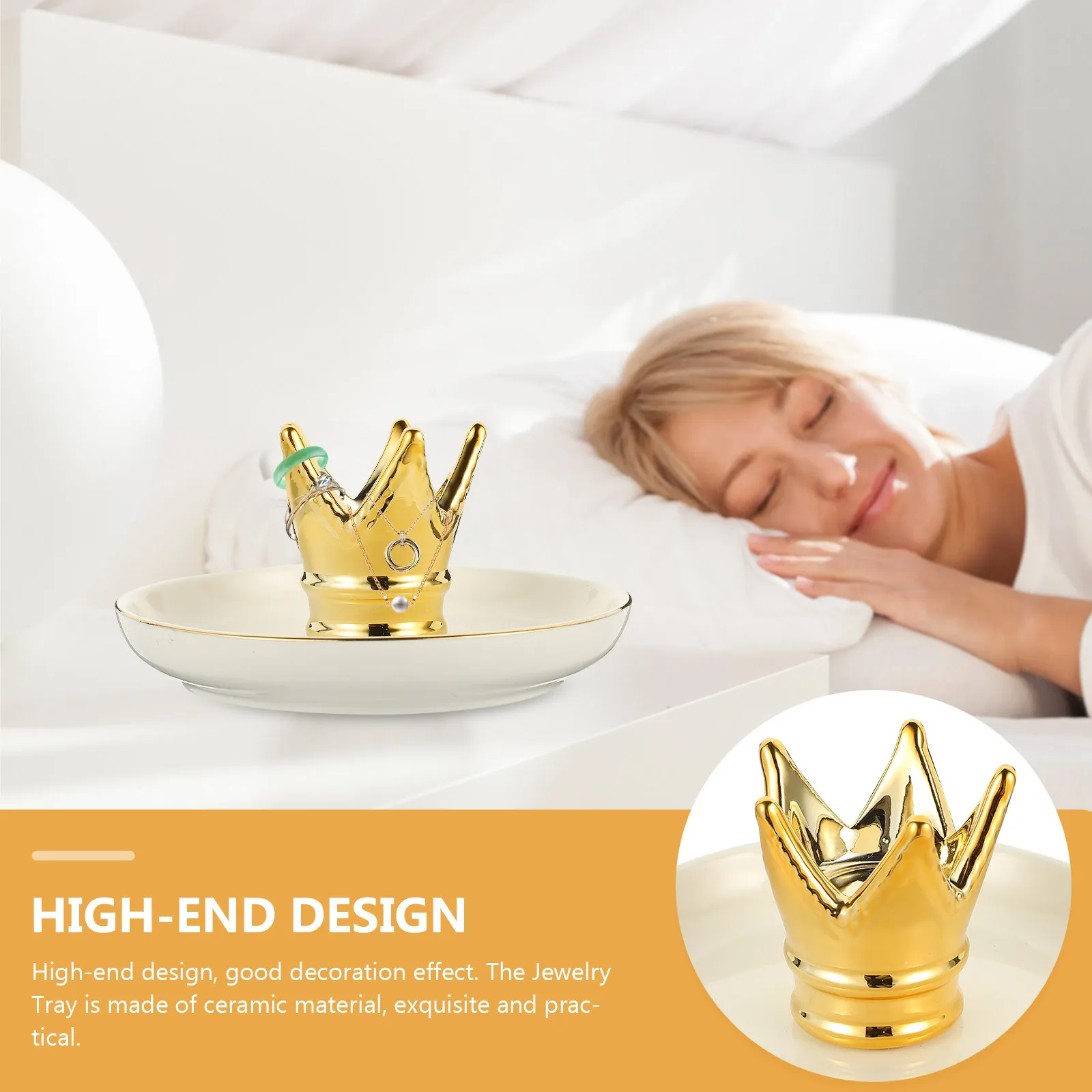 

Premium Ceramic Jewelry Holder with Cartoon Crown Ideal for Ring Earring Storage on Nightstand Bathroom Sink Trinket Display