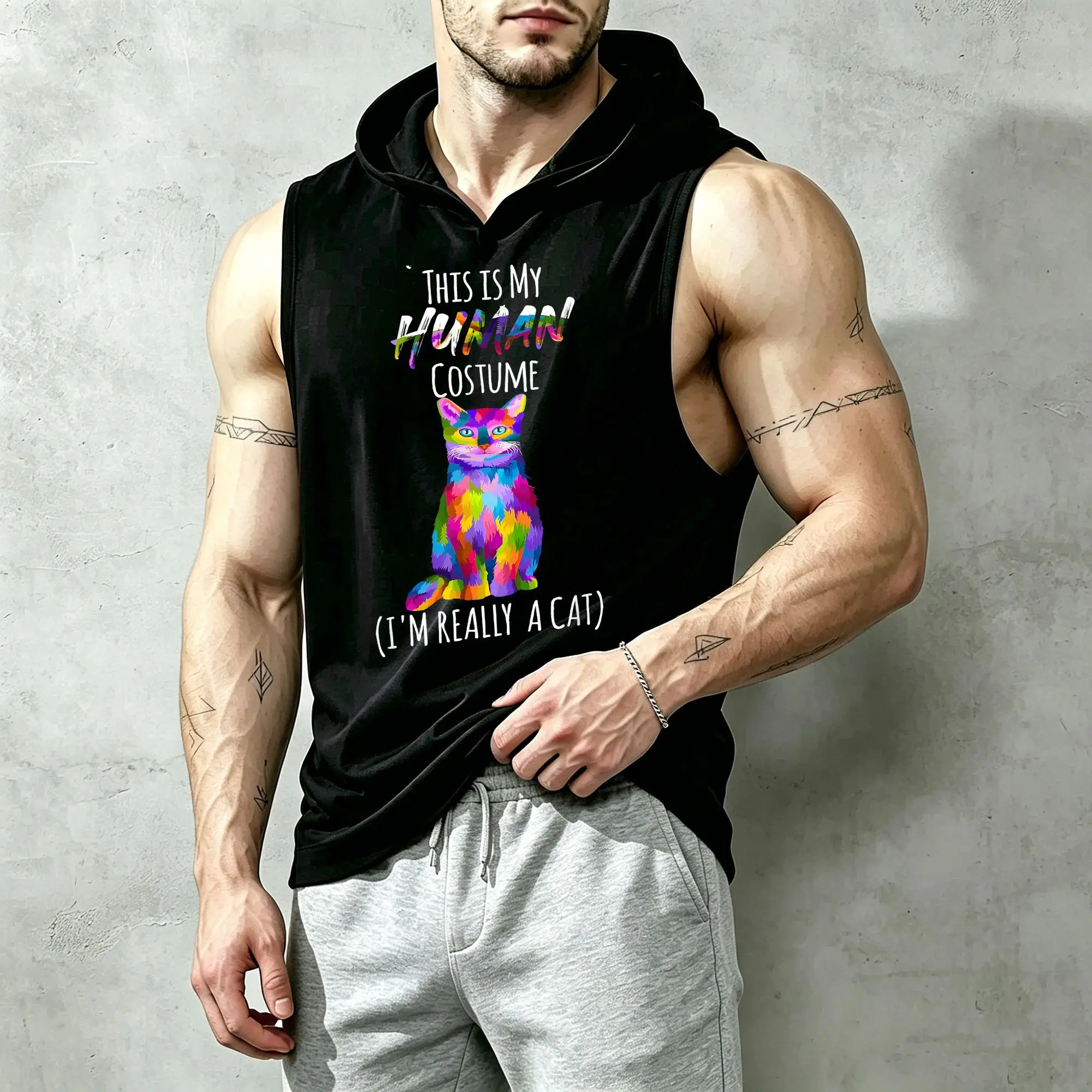 Sudadera con Capucha sin Mangas para Hombre, Moderna, con un Diseño de Gato Original en el Interior, Adecuada para Uso Diario Informal, Tela Suave, Lavable a Máquina