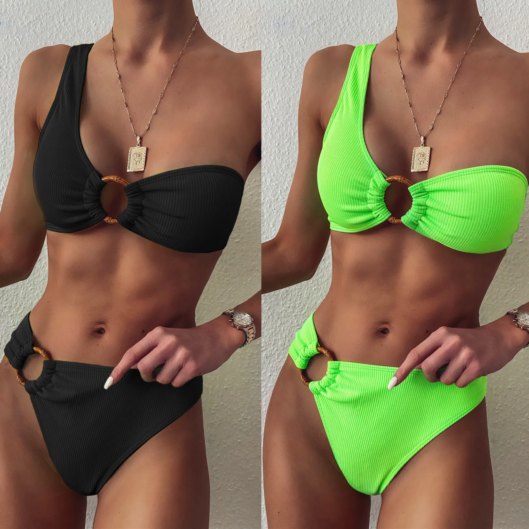 Women's Stylish Ribbed One Shoulder Bikini Swimsuit With Bamboo Ring Perfect For Summer Seaside Trips And Trendy Swimwear