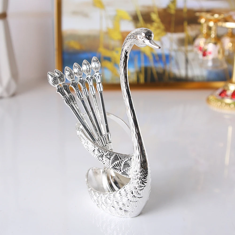 Golden Salad Dessert Fruit Fork Spoon Set Cute Creative Coffee Spoons Cake Tableware With Metal Swan Shape Base Home Ornaments