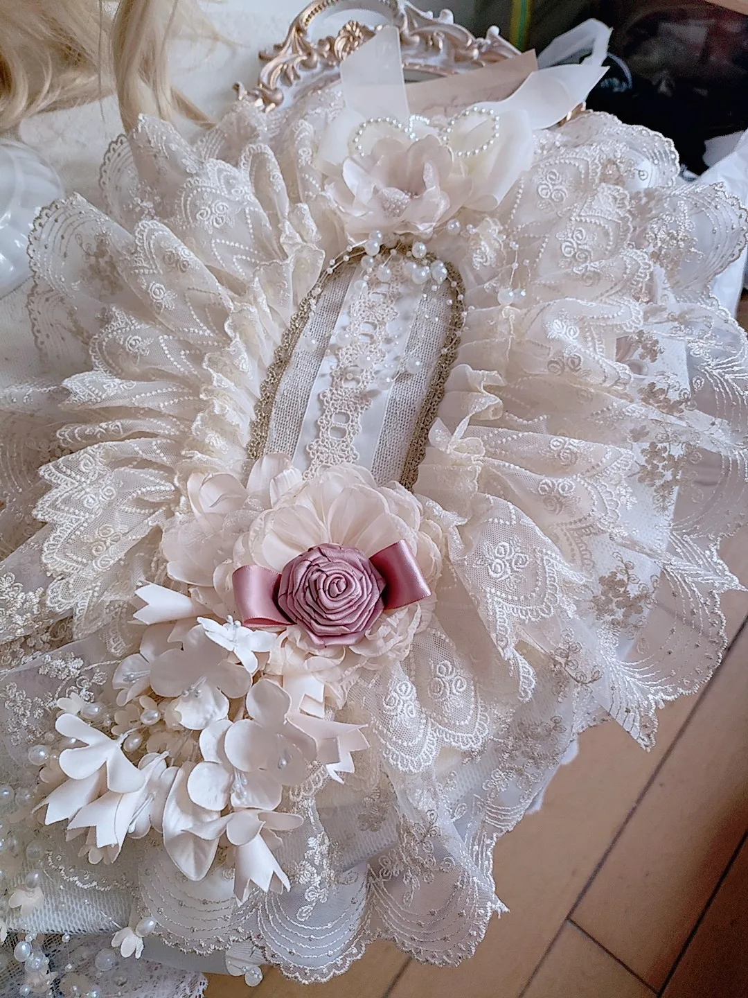 Original Handmade Caramel Antique Lamp Shadow Lolita Champagne Gorgeous Elegant Lily of The Valley Lace Super Fairy Ponet