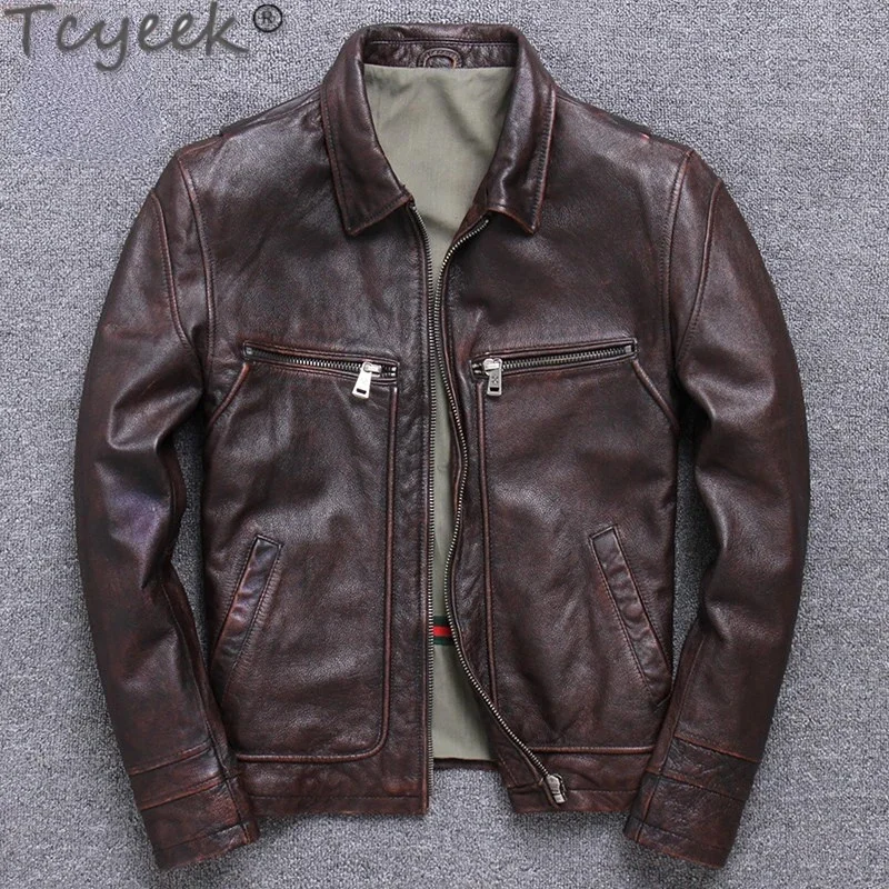 

Jacket Real Men Vintage New Cowhide Coat Men's Casual Slim Short Leather Cloth Lapel Chaquetas Hombre Tide 2024