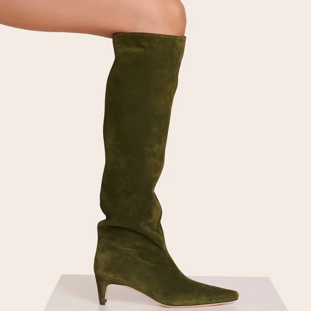 

Suede Pleated Slietto Heels Slouchy Boots Sexy Square Toe Knee High Leatheer Accept Customized New Arrivals Fashion Women Boots