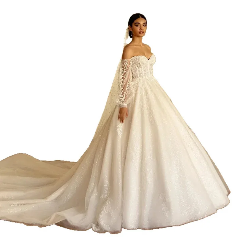 Nouveauté femmes robe de mariée perle broderie dentelle brillant queue de mariage à manches longues robe de mariée robe de bal col blanc