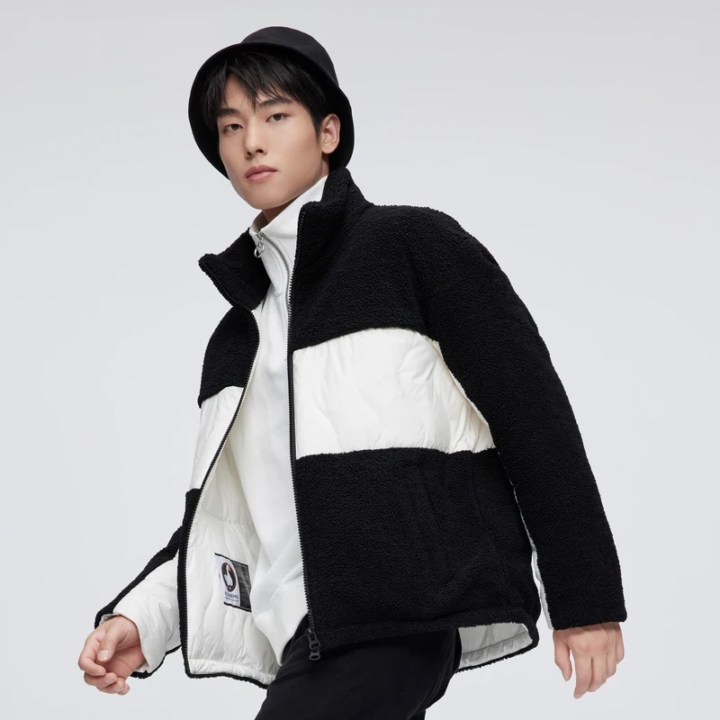 

Bosideng Мужской пуховик из овечьей шерсти Черный Белый Контрастное термопальто на флисовой подкладке с капюшоном Воротник-стойка Волна Квилтинг Tech Теплый L