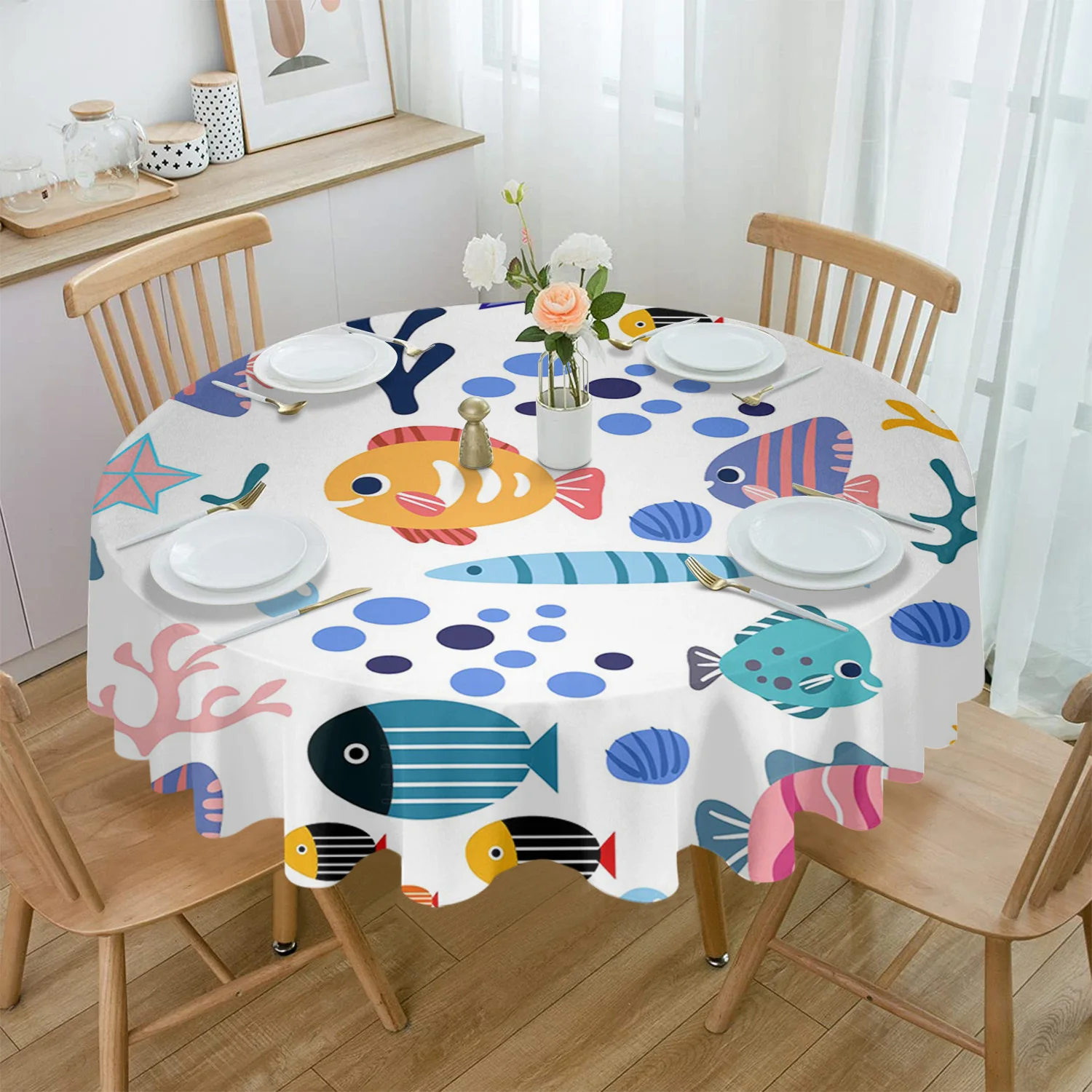 Cartoon Animals Fish Coral Shells Round Tablecloth Waterproof Wedding Party Table Cover Xmas Dining Table Tablecloth