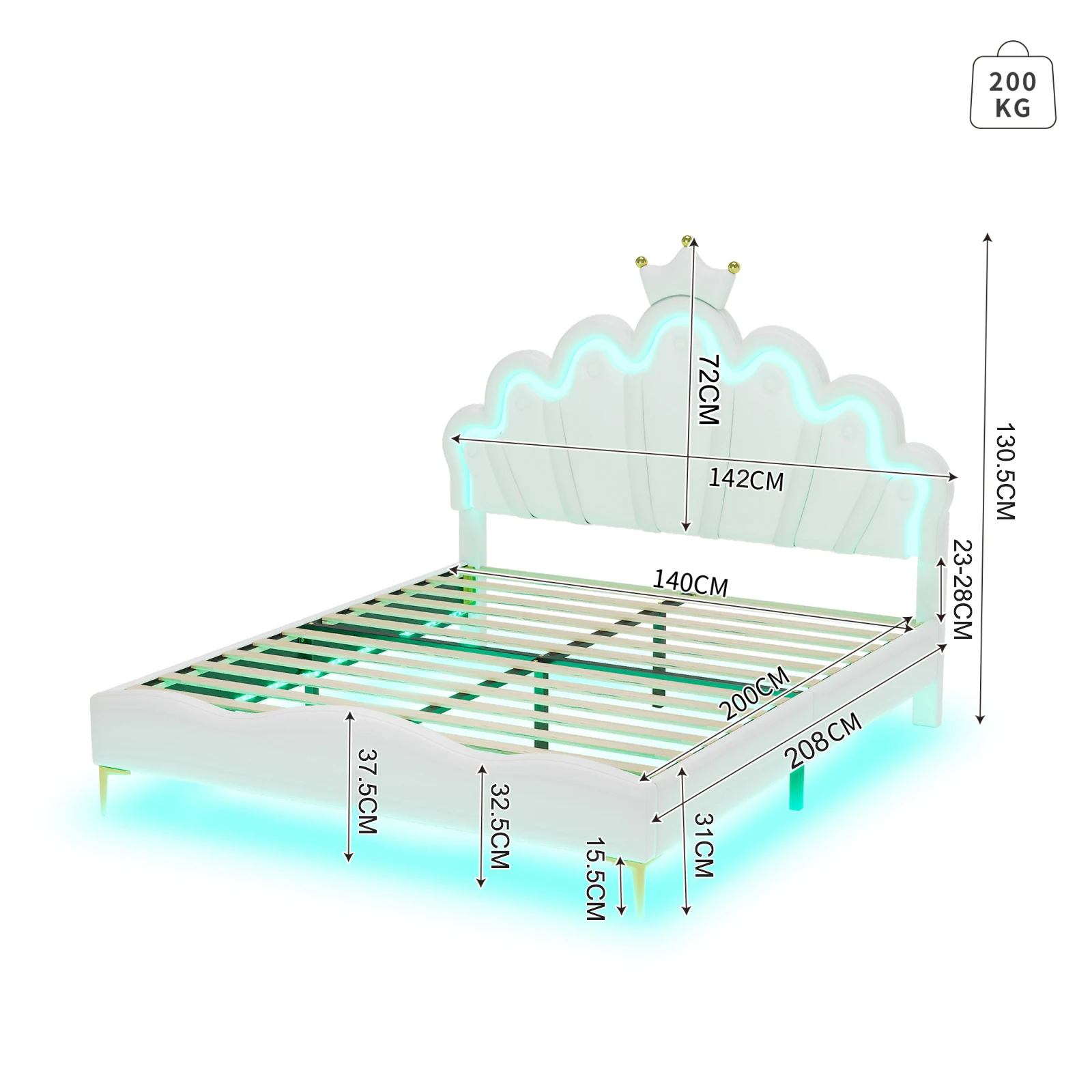 Kinderbed 90/140x200cm met LED-verlichting en kroonvormig hoofdeinde, gestoffeerd bed met lattenbodem, PU-leer, roze, wit