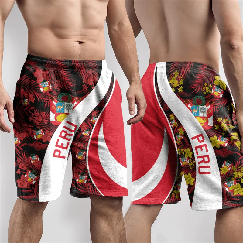 Trunks emblema nacional peruano dos homens, bandeira nacional peruana, mapa, 3D impressão calças curtas, calções de praia casuais, roupas masculinas