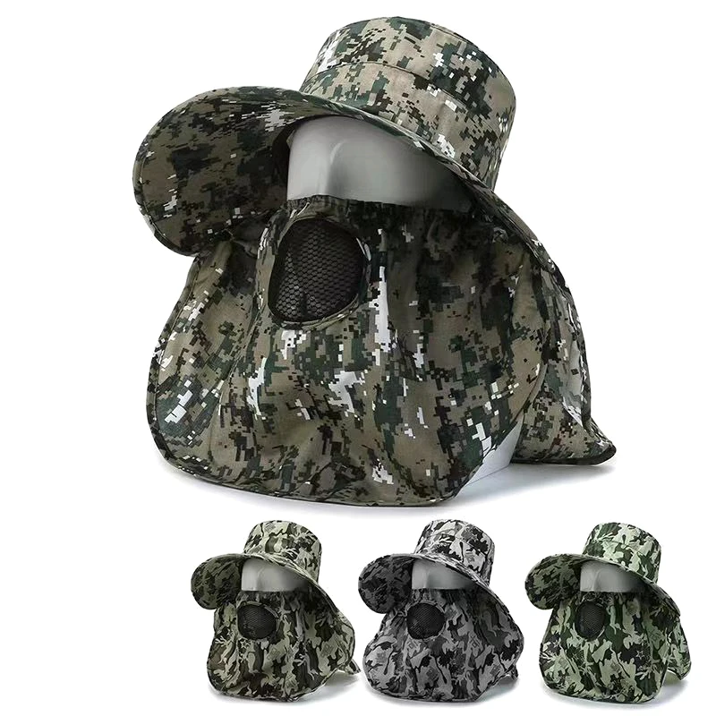 Camouflage Fishing Hat With Mask Summer UV Shading Neck Protection Wide Brim Sun Cap Hiking Mountaineering Hunting Face Covering