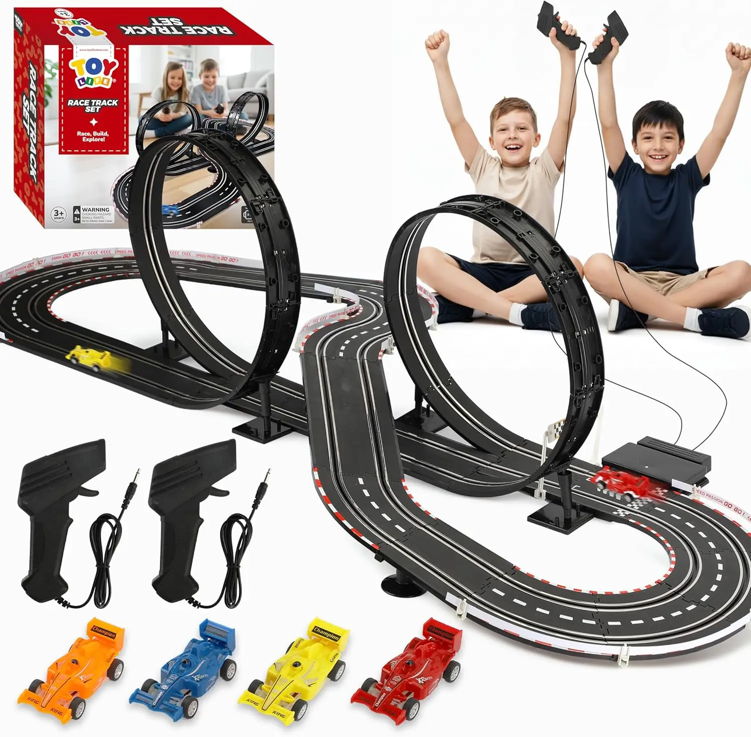 Race Track Set for Kids Ages 4-8, 20ft 4-Lane Slot Car Circuit with 2 Speed-Controlled RC Cars, 2-Player Racing Toy for Boys 4-12