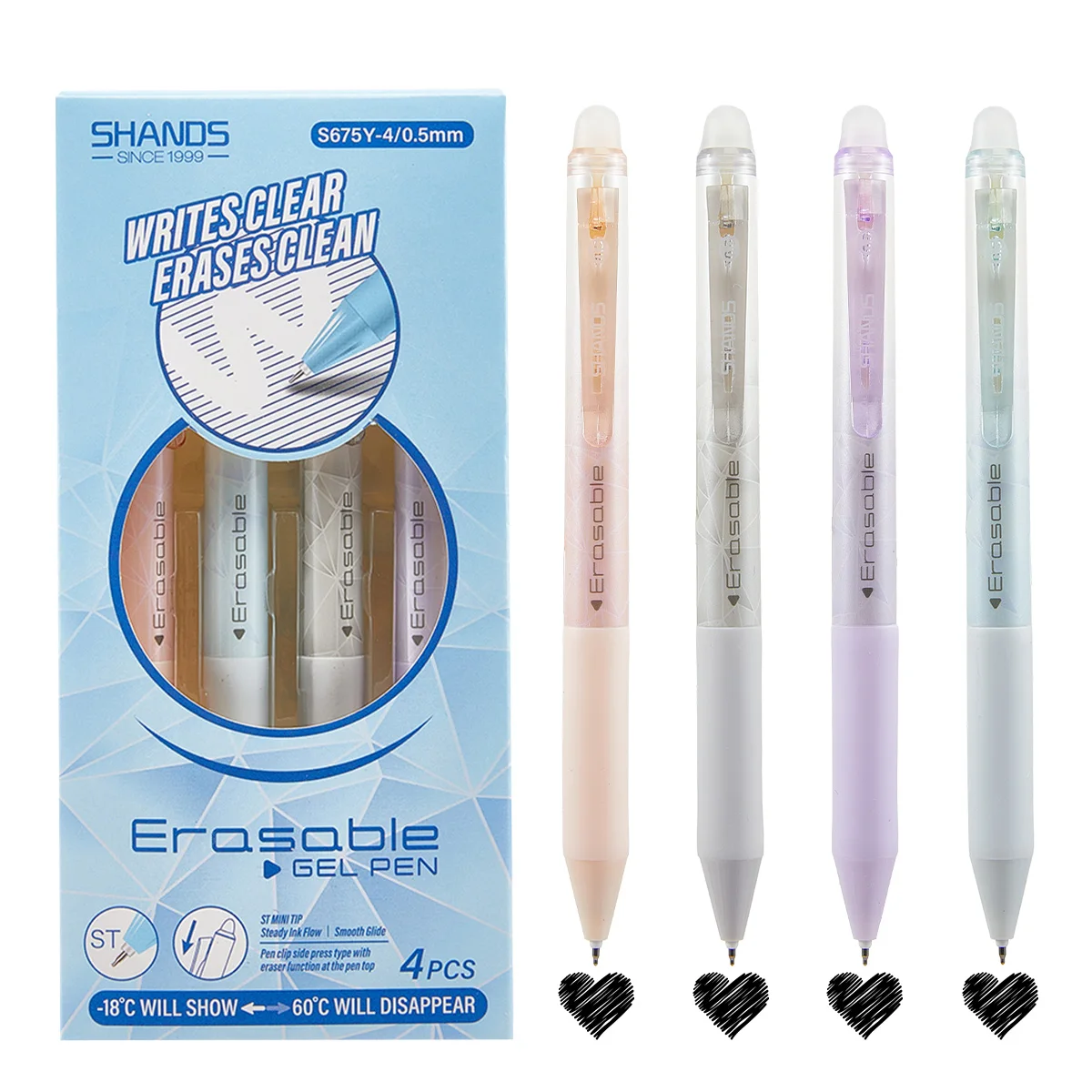 4 Stück löschbare Klickstifte mit Radiergummikopf, 0,5 mm schnell trocknender blauer Korrekturstift, heiß abwischbarer neutraler Tintenstift für Studenten, Büro, Si