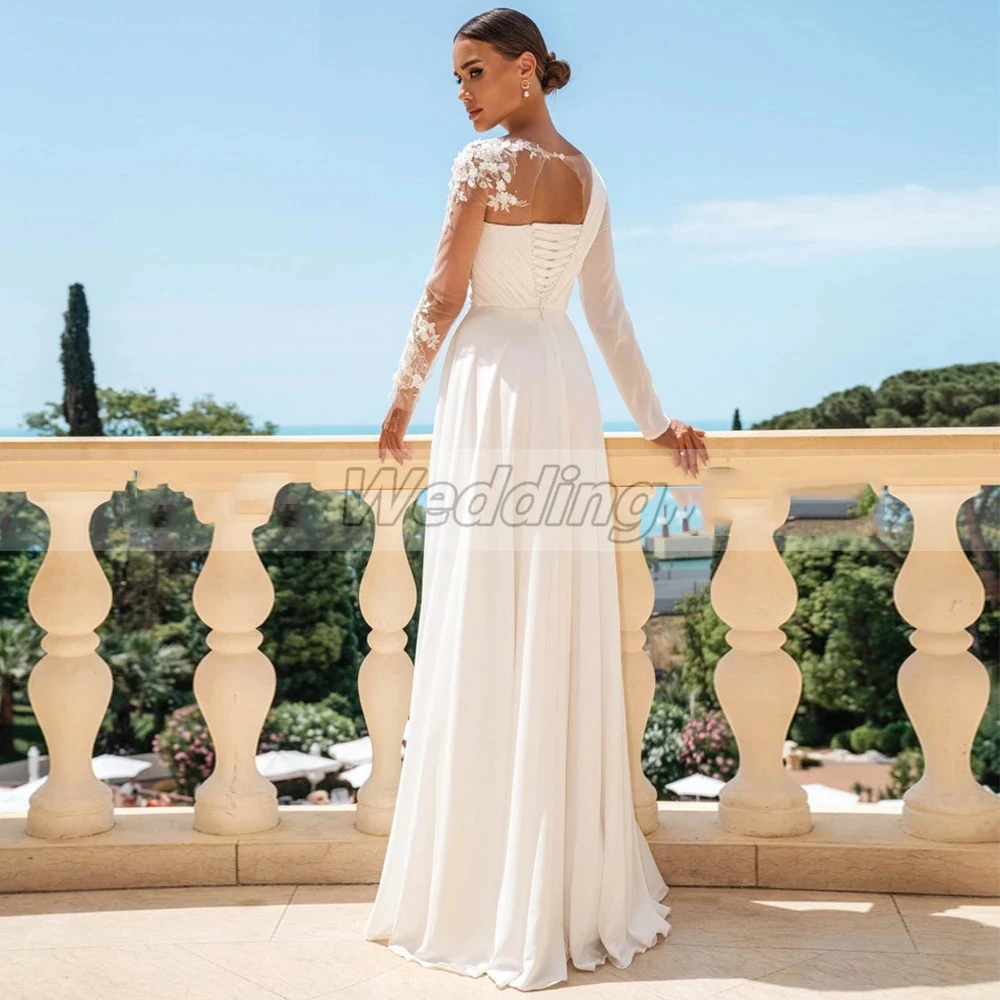 Bohemian Beautiful Elegant Long Sleeved Sheath High Fork Wedding Dresses For Women Plain Simple Backless Sweep Train Bridal Gown