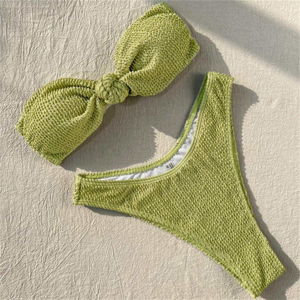 Green Bikini Backless Bandage Knotted Bandeau Swimsuit Women Two Piece Beach Outfit Ribbing Vacation Swimwear Bathing Swim Suits