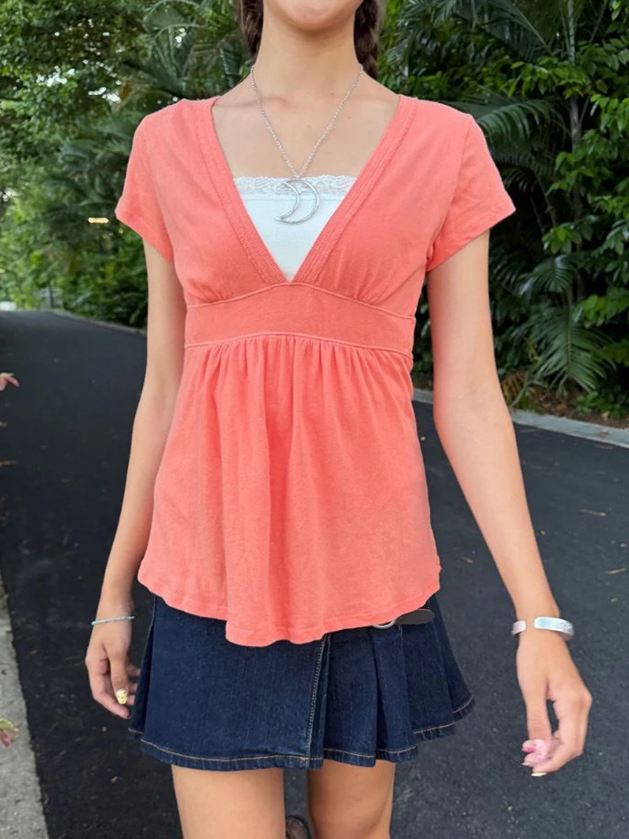 Orange Sweet T-shirts Woman Summer Sexy Deep V-neck Raw Hem A-line Short Sleeve Tee Tops Casual Simple Solid Cotton Tshirts Y2k