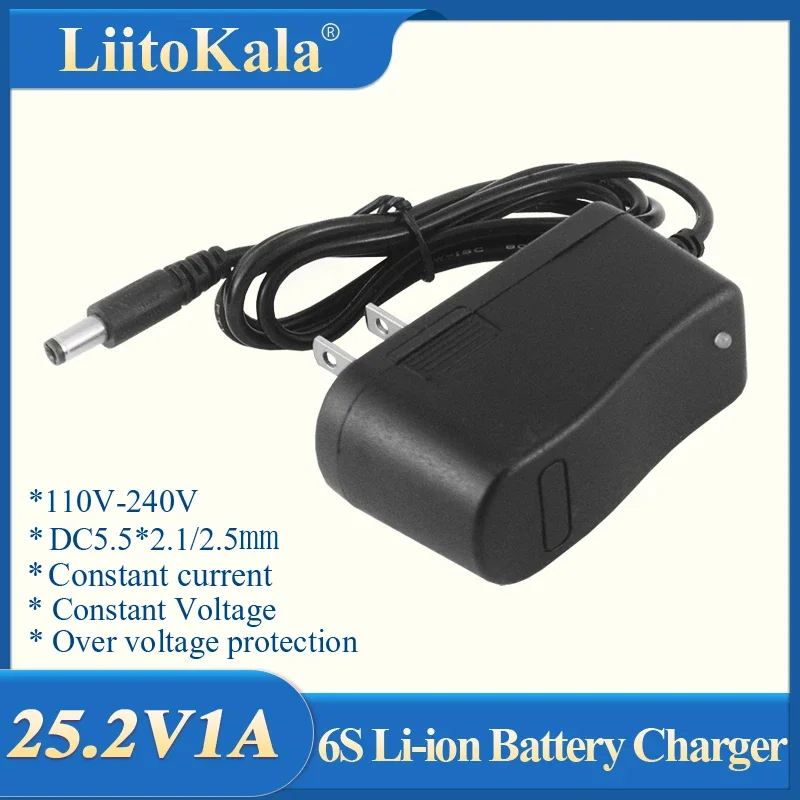 

LiitoKala 25.2V 1A 6 Series 18650 Lithium Battery Pack Charger 24V 1000mAh Polymer Li-ion DC 5.5*2.1mm