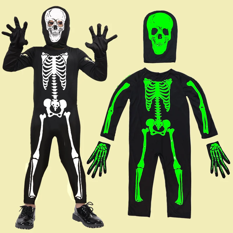 Terrifying Halloween Horror Hooded Costume Terrifying Reaper Costume Printed Skeleton Long Sleeved Jumpsuit Carnival Party