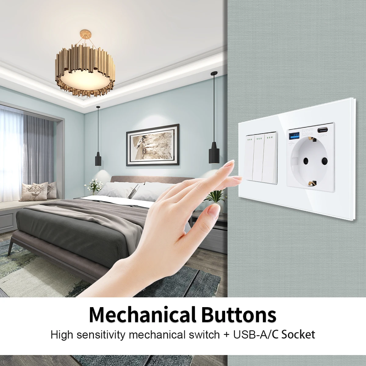 Bingoelec USB Type-C Electrical Sockets and Button Switches EU RU Standard 1gang 1/2way Light Switches with Crystal Glass Panel