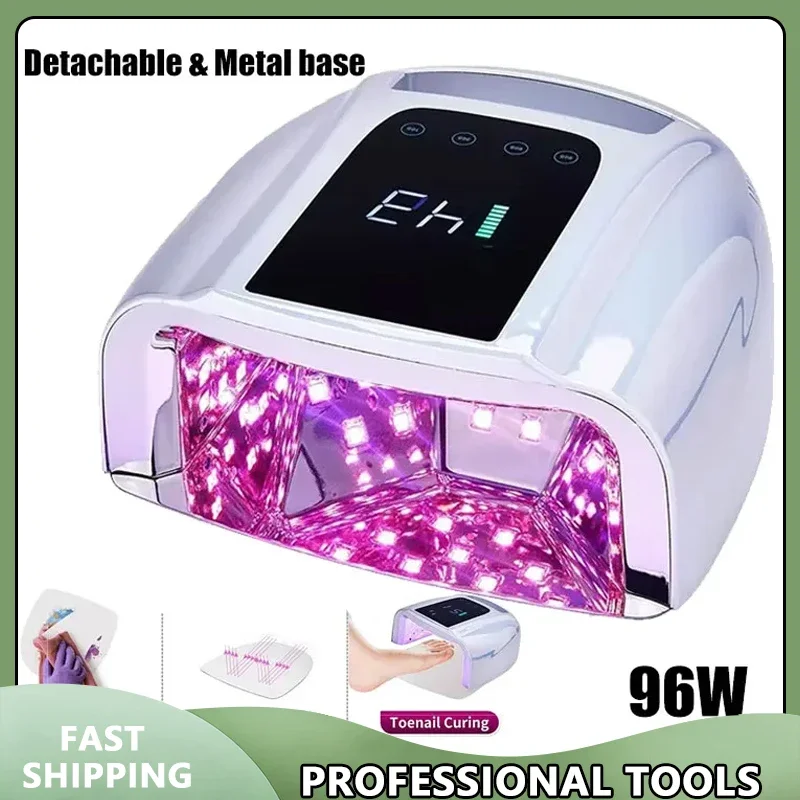 

96W Mirror Reflective Nail Lamp with Metal Pad Cordless Manicure Dryer Wireless UV Light for Nails Rechargeable Nail UV LED Lamp