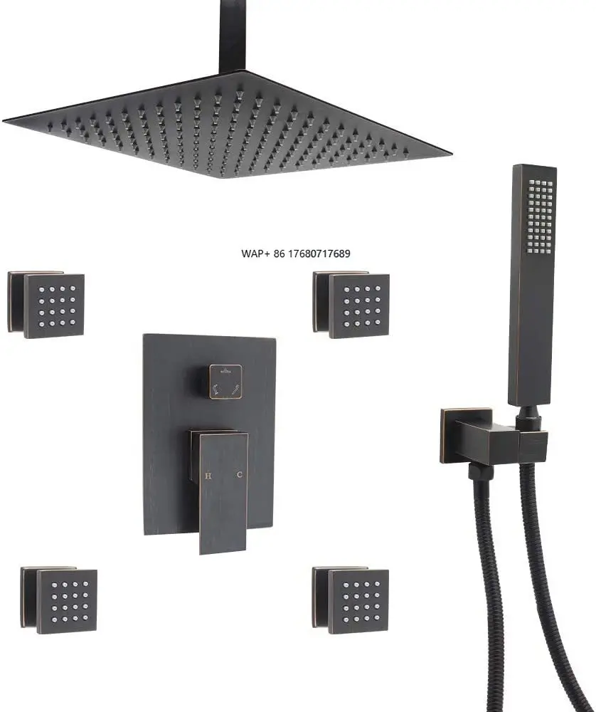 高圧12インチレインシャワーヘッドセット、ボディジェット付き、オイルラブドブロンズ仕上げ、天井取り付けシャワー水栓システム、ブラッシュ仕上げ