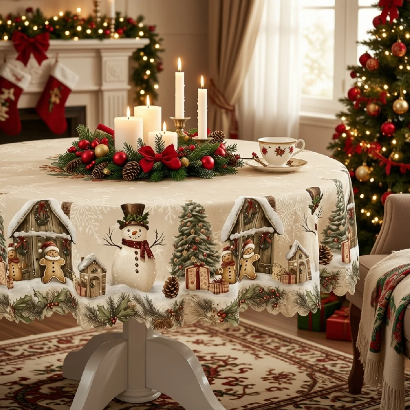 Christmas Santa Baking and Gingerbread Cookie Printed Tablecloth for Holiday Dining Kitchen Decor polyester, washable, clearance