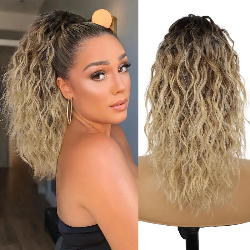 160g Heavy Ombre Black Blonde Curly Ponytail Claw Long Wavy Pony Tail Synthetic Clip in Hair Extensions Fluffy Natural Looking