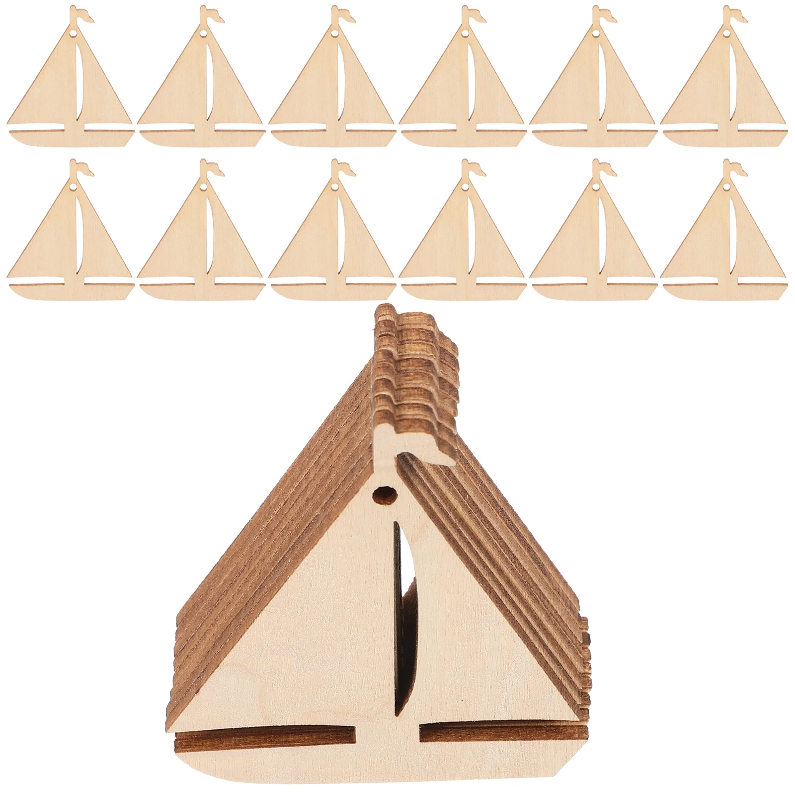 50 Pcs Wooden Sailboat Graffiti Cutouts Material Slices Hand-painted Chips Party DIY Supplies